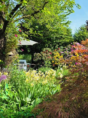 A garden with a variety of plants and flowers, a patio area with a table and chairs, and a tree providing shade. - Haus am Krähenbach -Sorpe
Cozy apartment with terrace & Wi-Fi near Lake Sorpe (Sundern (Sauerland))