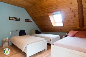 Une chambre avec deux lits, une lucarne et un plafond en bois.