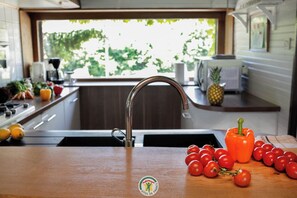 A kitchen with a stainless steel sink, wooden countertop, and a window with a view of greenery. - Plantier Estate Guest House (SAINT HILAIRE DE LA COTE)