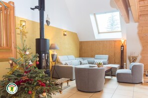 Una sala de estar acogedora con chimenea, un conjunto de sofás, un árbol de Navidad y un tragaluz.