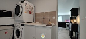 A laundry area with a washing machine, a dryer, and a sink with a faucet. There is a poster on the wall and a small cabinet with a logo. - Gite de la Manonière - 4**** (SAINT DIDIER DE LA TOUR)