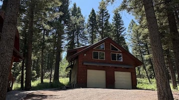 A cabin with a gravel driveway, surrounded by tall pine trees.