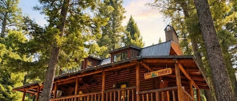 A wooden cabin with a stone foundation, surrounded by tall trees, and a sign reading 'The Tobins.'