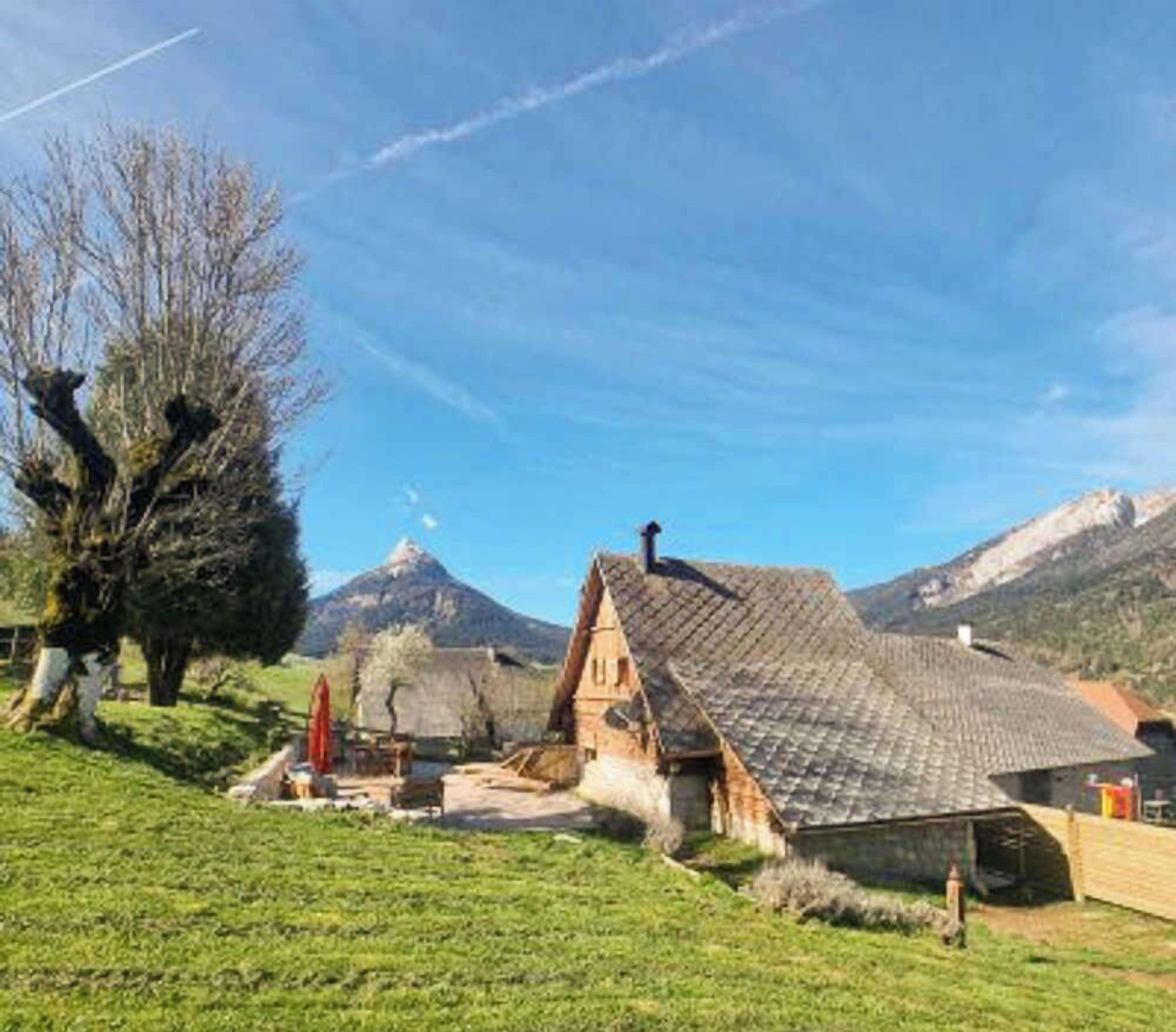 Uma casa de pedra tradicional com telhado inclinado, cercada por um campo gramado e uma montanha ao fundo.