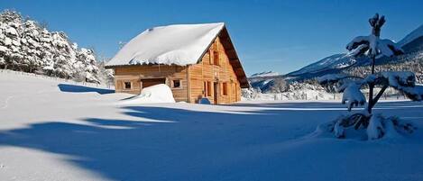 Una baita di legno con tetto imbiancato dalla neve, circondata da alberi innevati e montagne sullo sfondo.