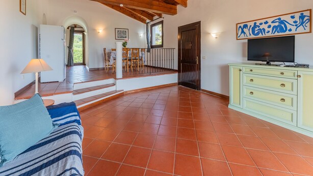 Amplia sala de estar con techo de madera alto, comedor con mesa y sillas, televisor sobre un mueble y sofá con una manta.