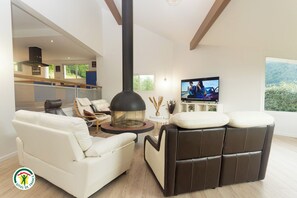 Ein modernes Wohnzimmer mit Kamin, bequemen Sitzmöglichkeiten, einem Fernseher und Blick auf Grünflächen.