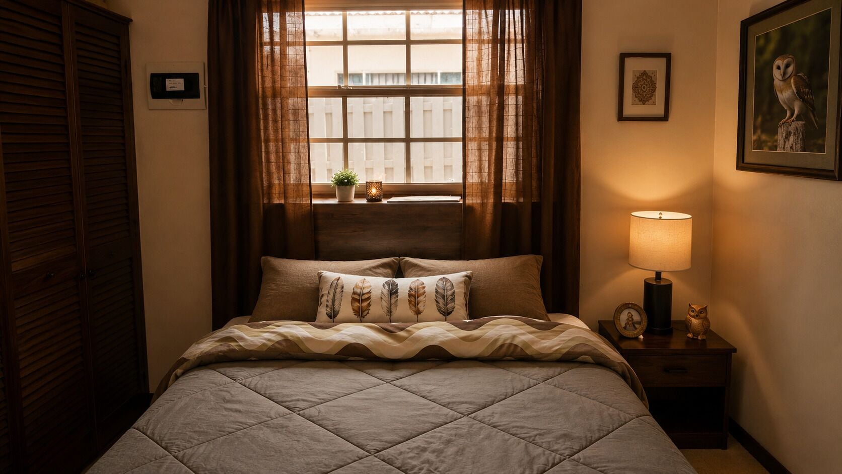 Un dormitorio con cama, ventana con cortinas, lámpara de noche y un cuadro en la pared.