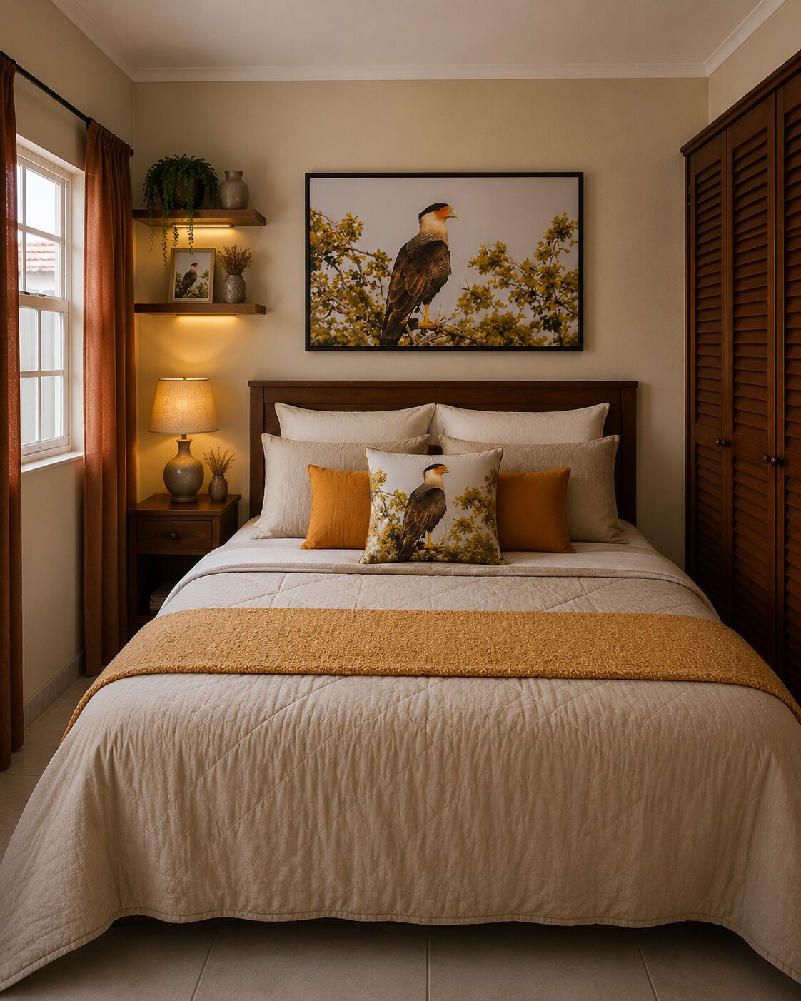 Une chambre à coucher avec un grand lit, une table de chevet avec une lampe, un tableau encadré au mur et une fenêtre avec des rideaux.