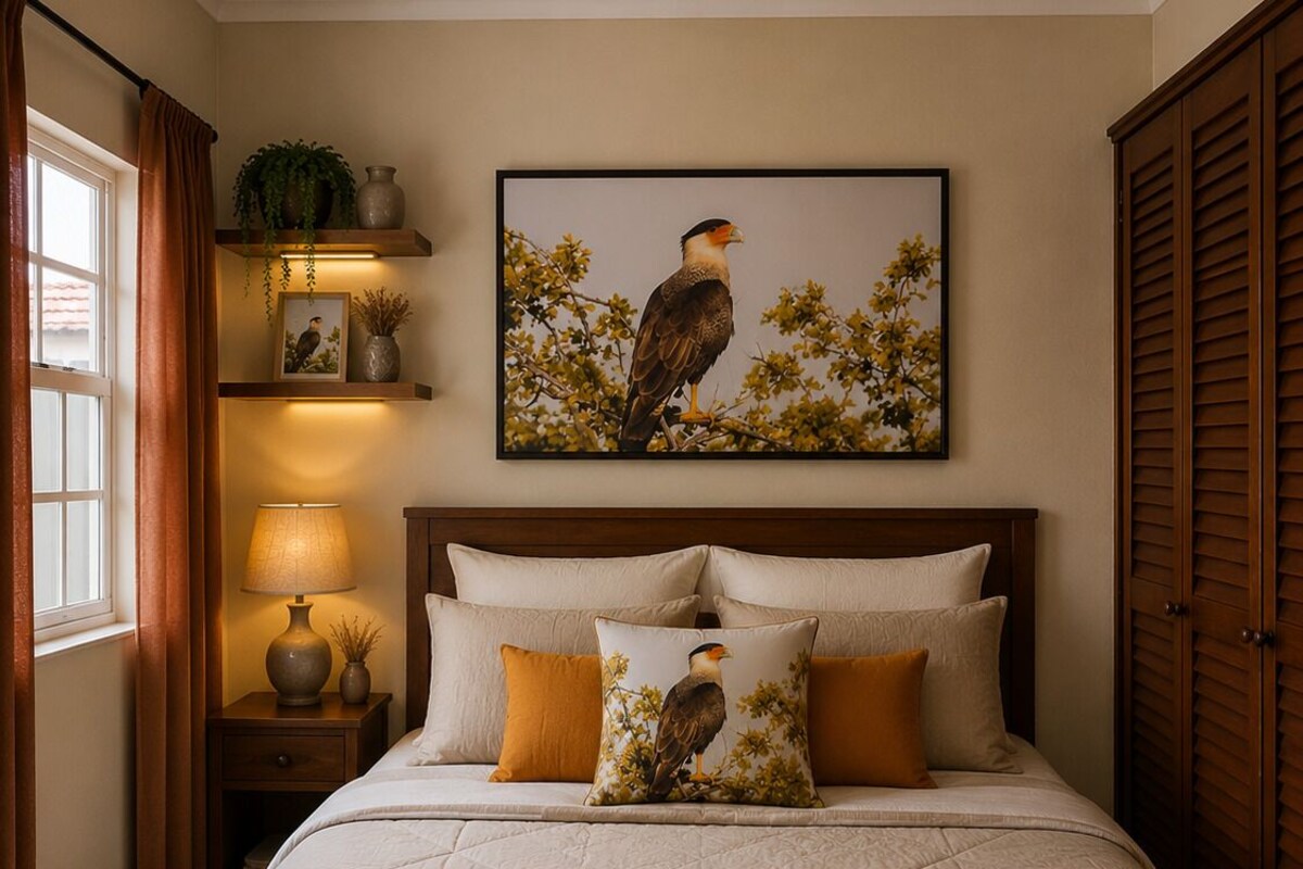 Un dormitorio con una cama grande, una mesita de noche con lámpara, un cuadro enmarcado en la pared y una ventana con cortinas.