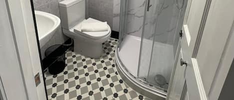 A bathroom with a curved glass shower enclosure, a toilet, and a sink.