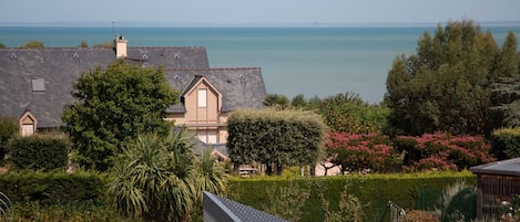A residential area with houses, a garden, and a view of the sea.