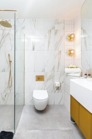 Shower, hair dryer, shampoo