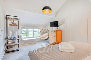 Un dormitorio con cama, una silla colgante, armario, televisor y ventana con vistas a zonas verdes.