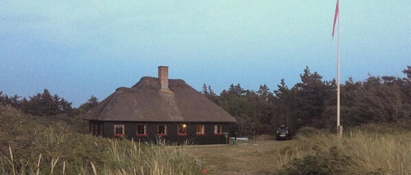 A thatched-roof house with a chimney, surrounded by tall grass and trees.