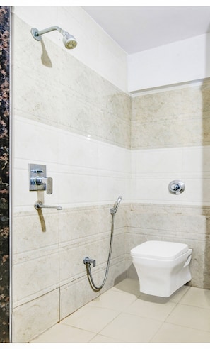 Shower, towels, shampoo, toilet paper