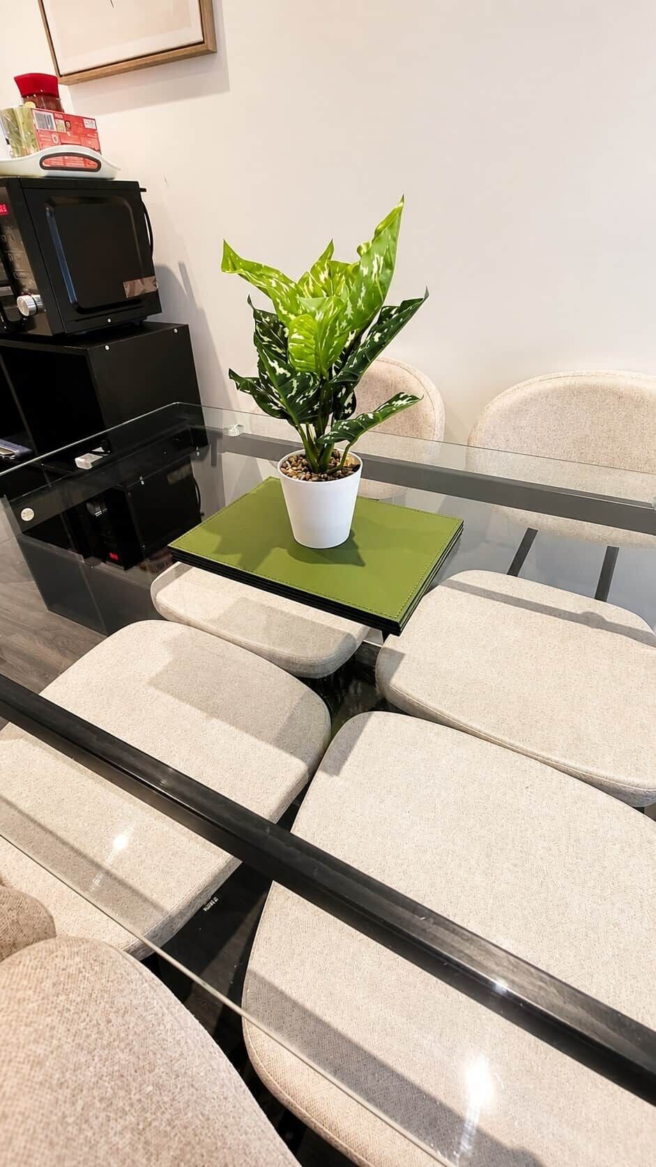Una mesa con cubierta de vidrio, una planta en maceta, una carpeta verde y un dispositivo electrónico negro.