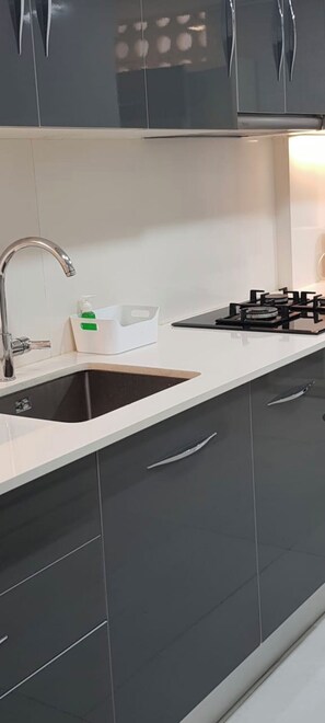 Eine moderne Küche mit Spüle, Wasserhahn und Gaskochfeld.