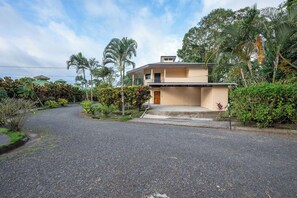 A two-story house with a front porch, surrounded by tropical vegetation.