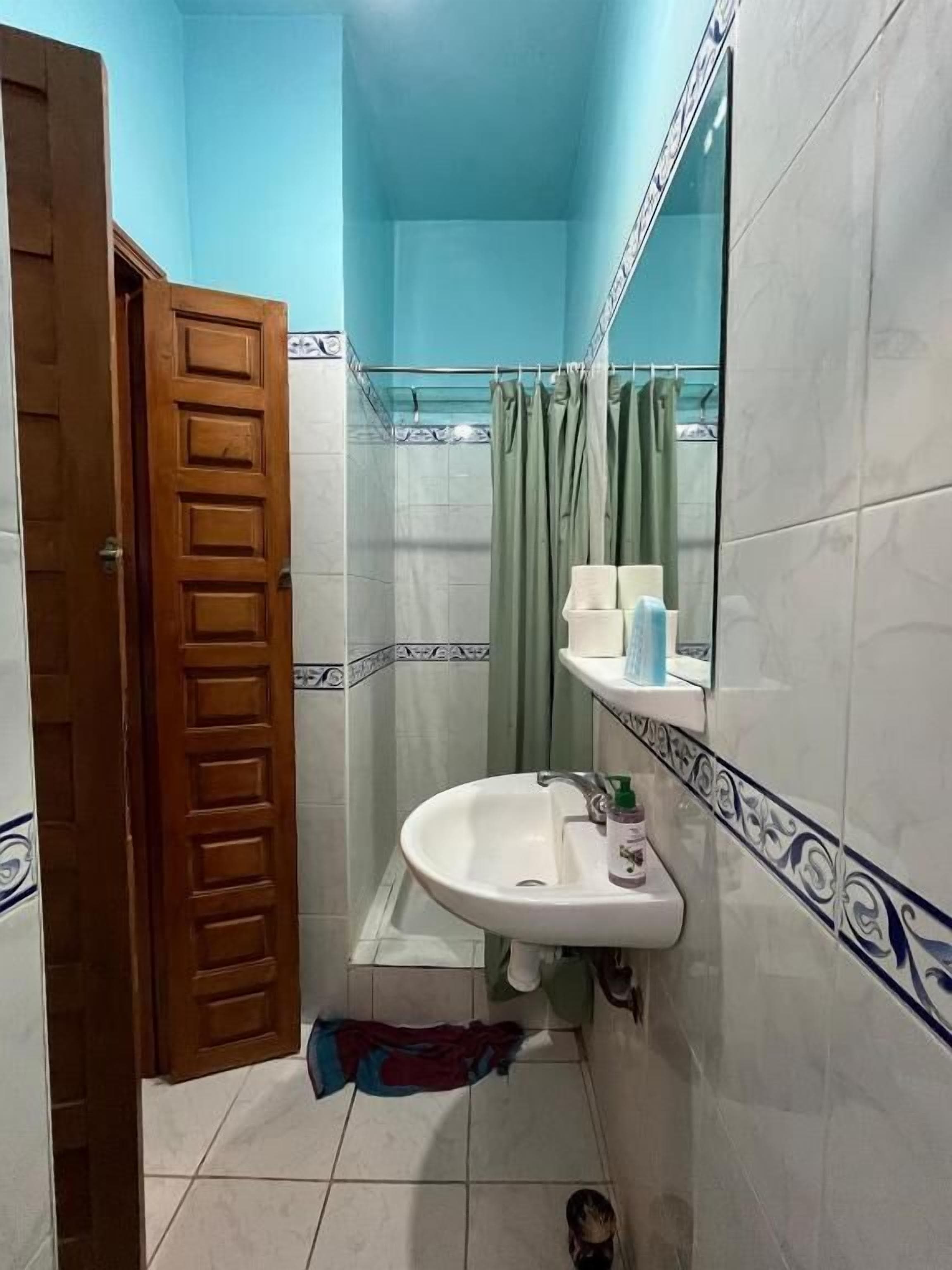 A bathroom with a sink, mirror, and shower curtain.