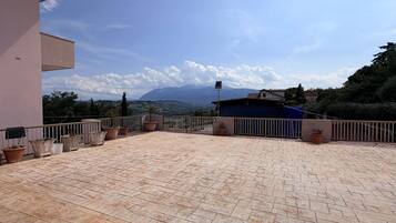 A rooftop terrace with potted plants, a clear sky, and distant mountains.