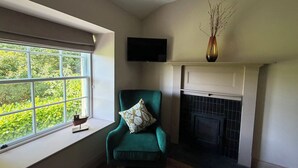 Ein Zimmer mit Fenster, einem grünen Sessel, einem Flachbildfernseher und einem Kamin.