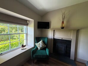 A room with a window, a green armchair, a flat-screen TV, and a fireplace. - Kirkstone Brow (Ambleside)