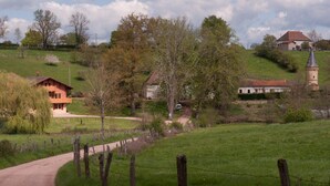 Ländliche Landschaft mit Feldweg, Holzzaun und Gebäuden im traditionellen Baustil.