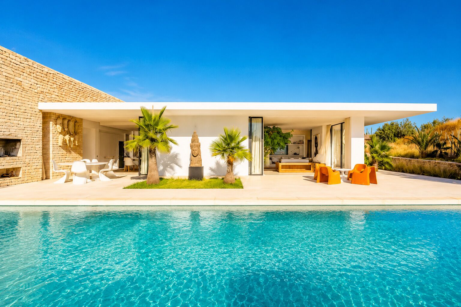 A modern house with a swimming pool, outdoor seating, and a stone facade.