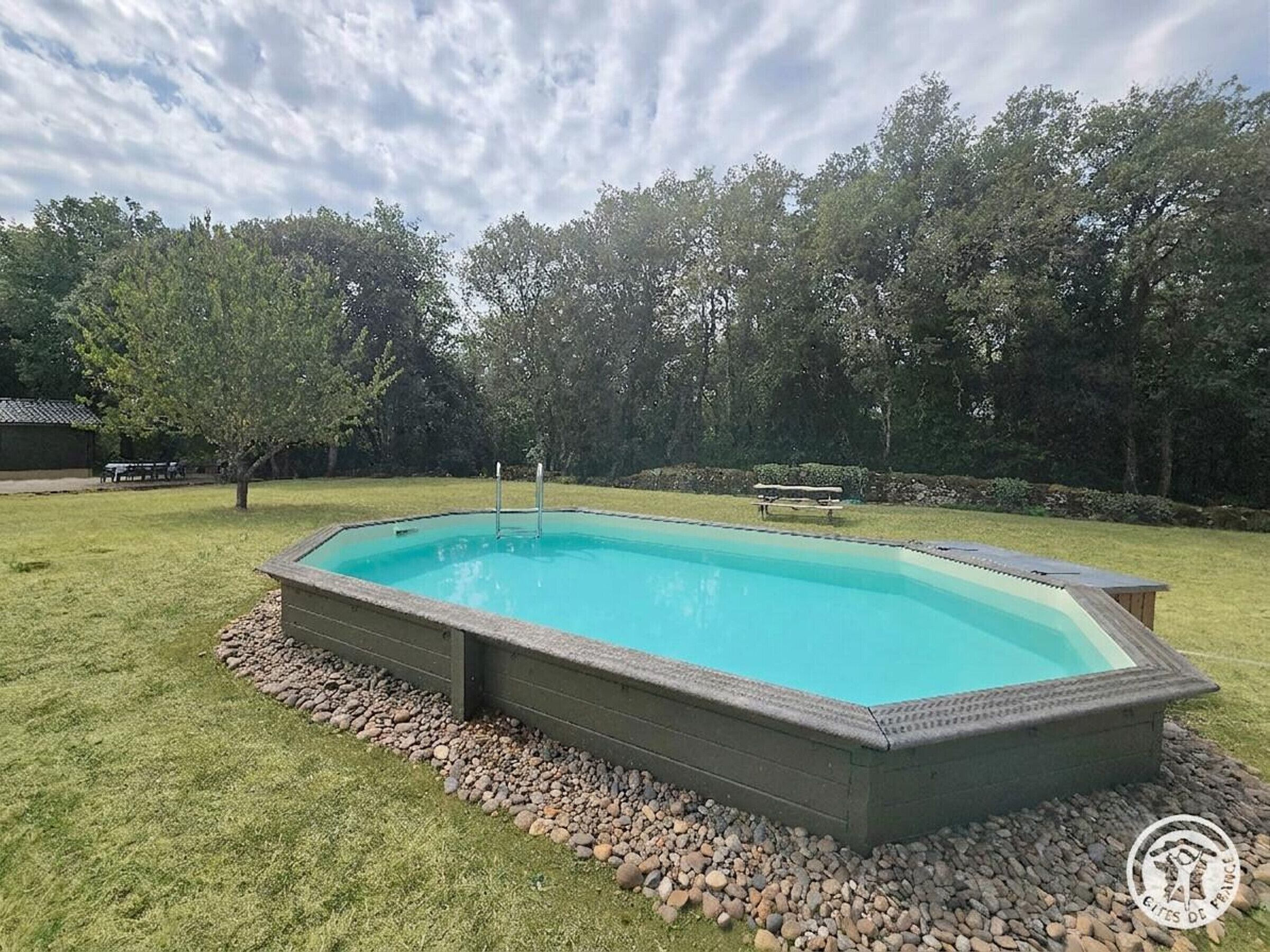 A rectangular swimming pool with a stone border, surrounded by a grassy area and trees.