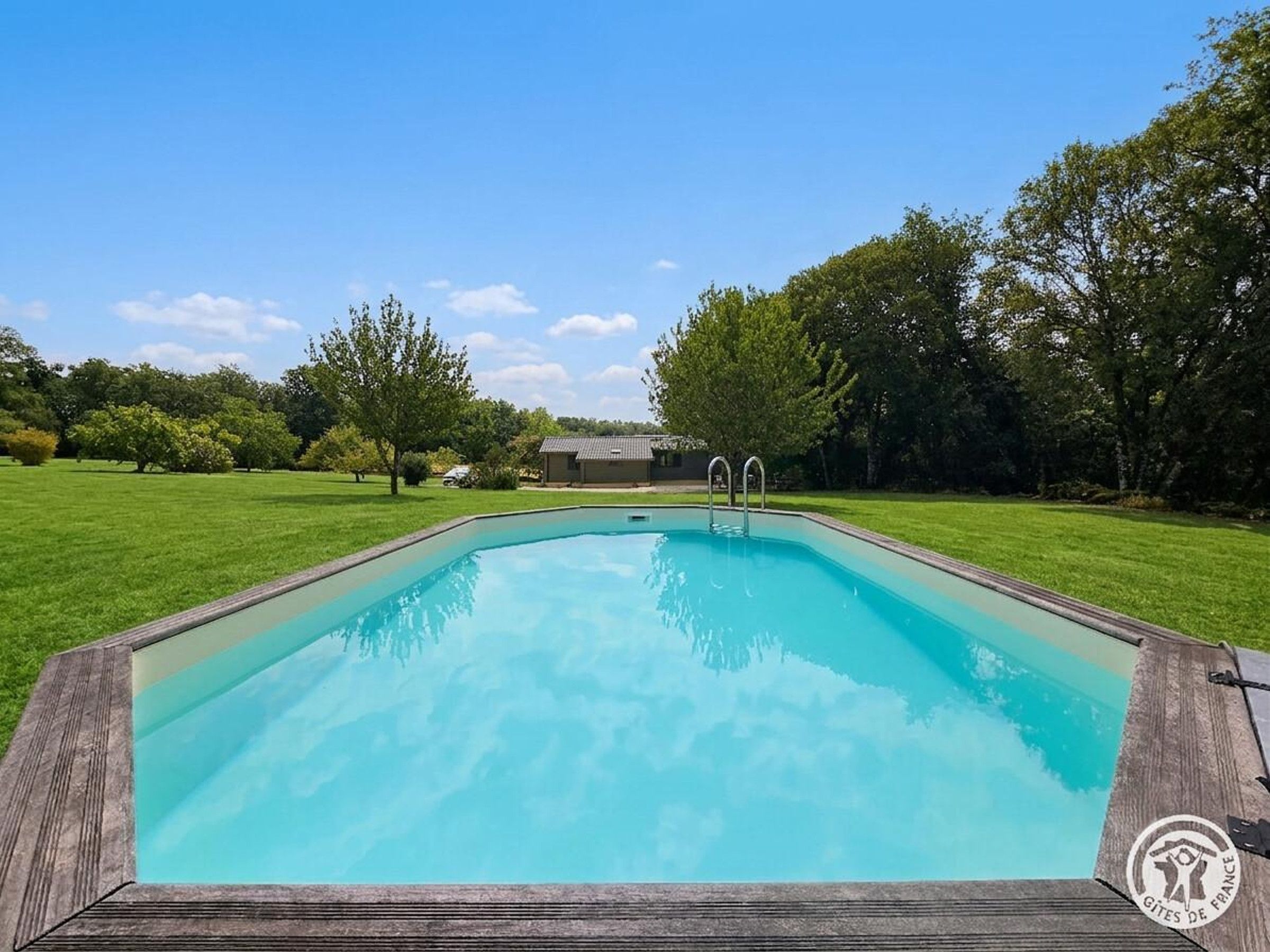 Una piscina rectangular con muelle de madera, rodeada de césped, árboles y un edificio al fondo.