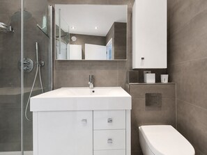 Ein modernes Badezimmer mit Duschkabine aus Glas, einem weißen Waschbecken mit Spiegel darüber und einer Toilette.