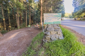 A sign for Arcata Community Forest with a dirt path leading into the woods.