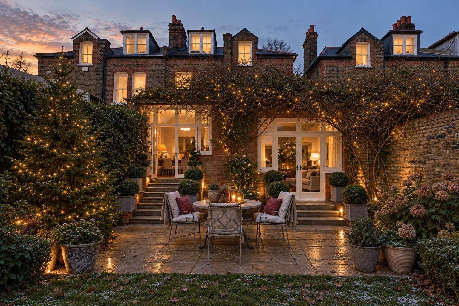 A brick house with a patio area featuring outdoor seating and potted plants.
