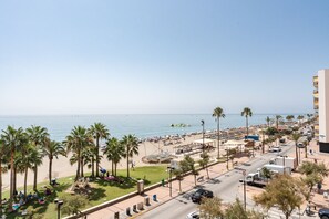 Blick auf einen Strand mit Palmen, einem klaren Himmel und einer Straße mit Fahrzeugen.