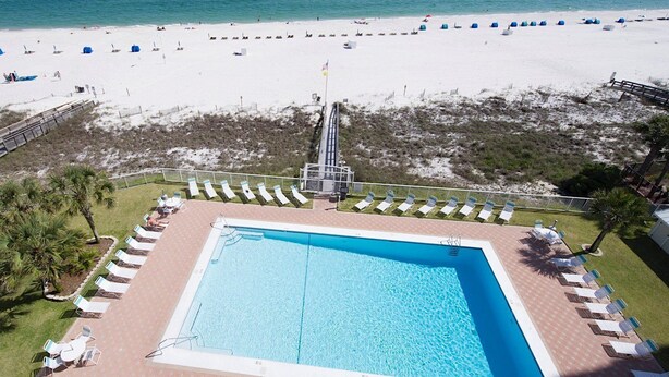 Uma piscina com espreguiçadeiras e vista para a praia.