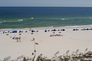 A beach with rows of beach chairs and umbrellas, a flag, and a sandy area with a fence. - Sunswept 806 Penthouse by Liquid Life (Orange Beach)