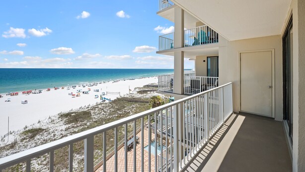 A balcony with a view of a beach and ocean. - Shoalwater 604 by Liquid Life (Orange Beach)
