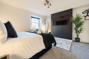 Quarto com uma cama, televisão, janela, planta e luminária no teto.