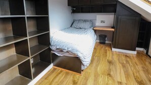 A bedroom with a bed, a TV mounted on the wall, a wooden floor, and a sloped ceiling with a skylight.