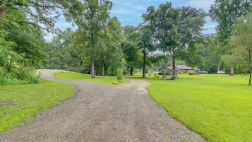 A gravel path leading to a house surrounded by lush greenery and trees.
