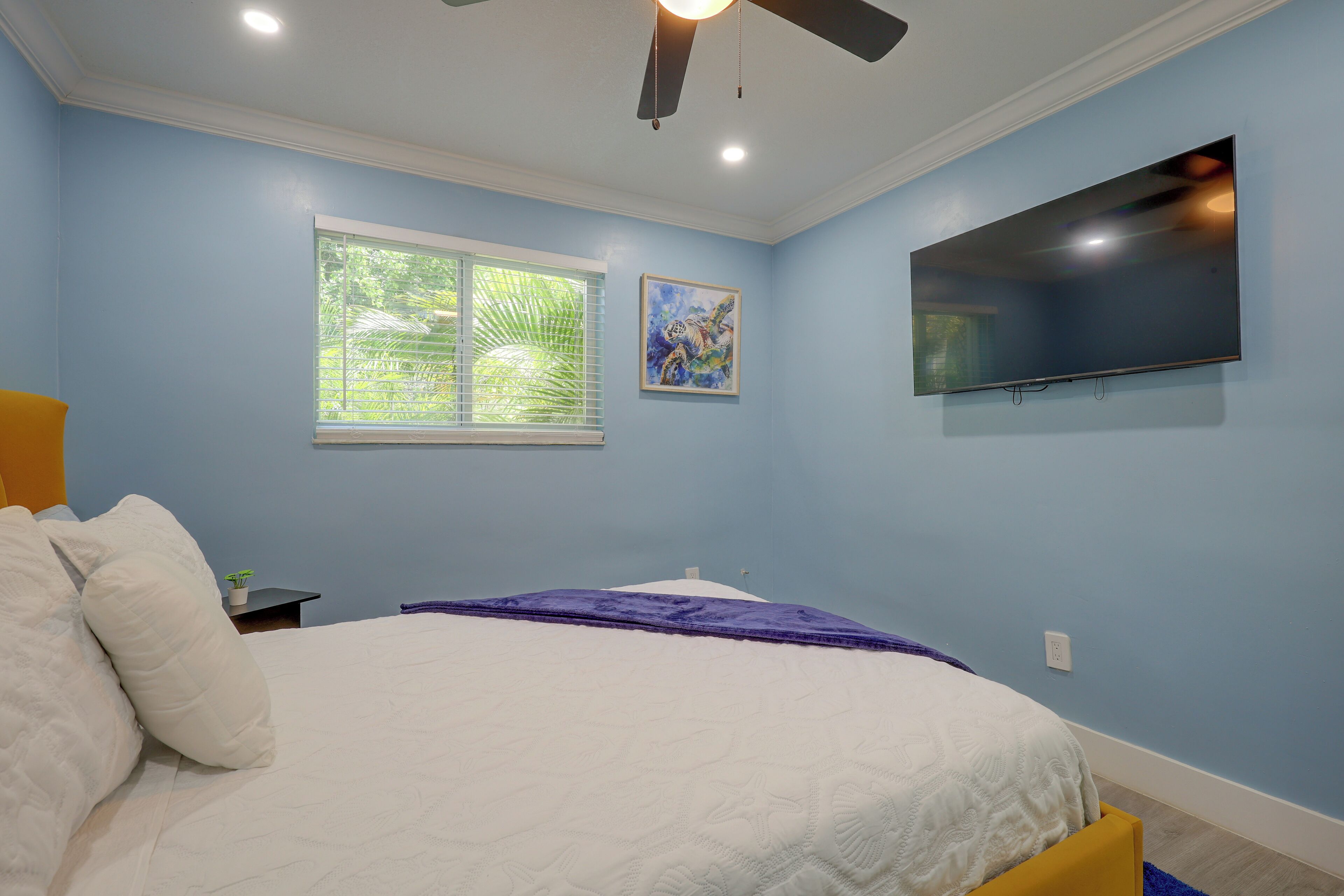 A bedroom with a bed, a ceiling fan, a TV mounted on the wall, and a window with blinds.