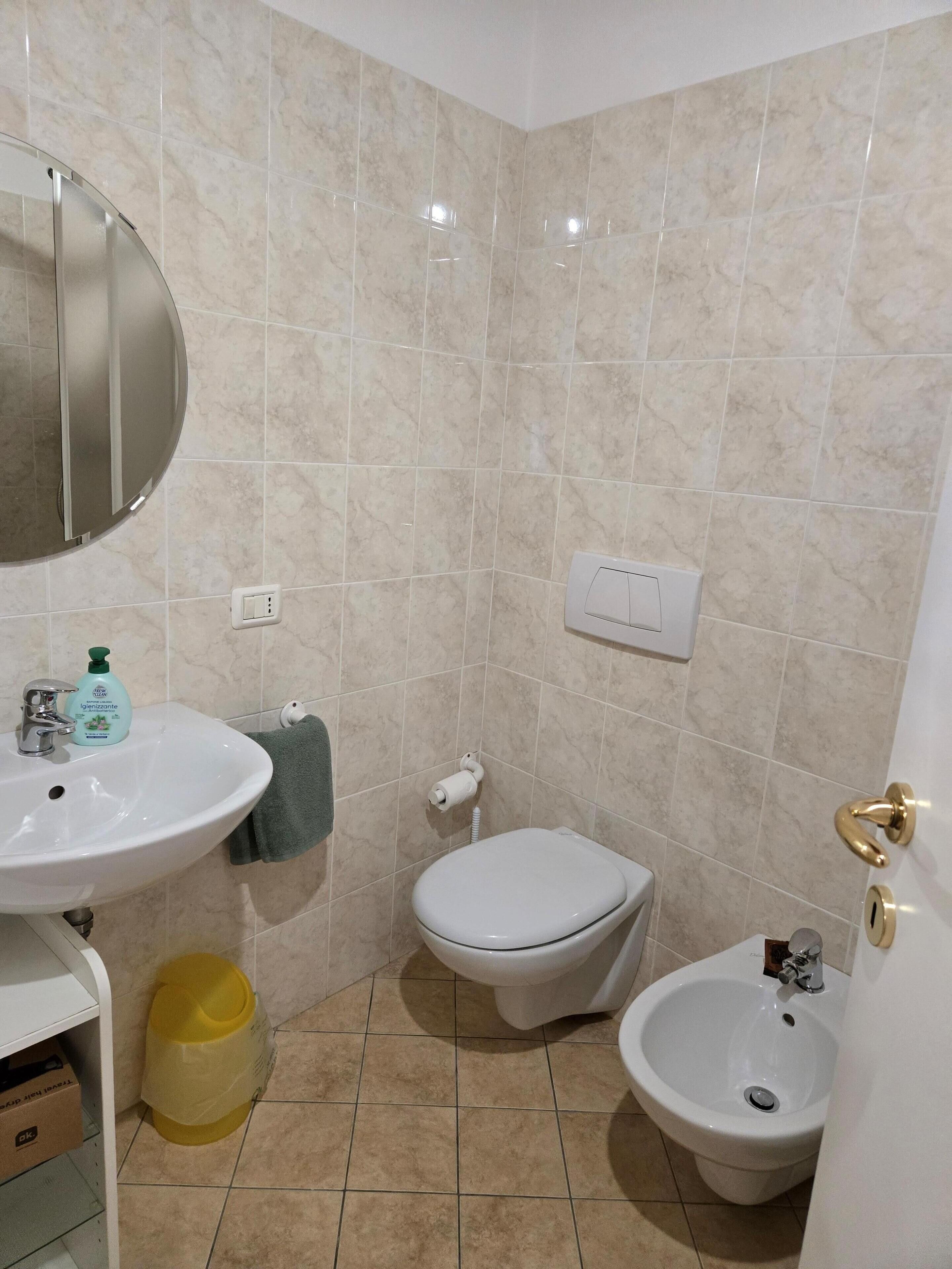 A bathroom with a sink, toilet, bidet, and a mirror.