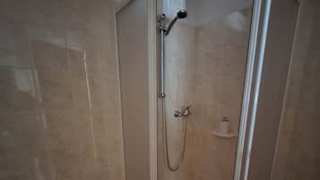 A shower area with a glass door, a toilet paper holder, and a shelf.