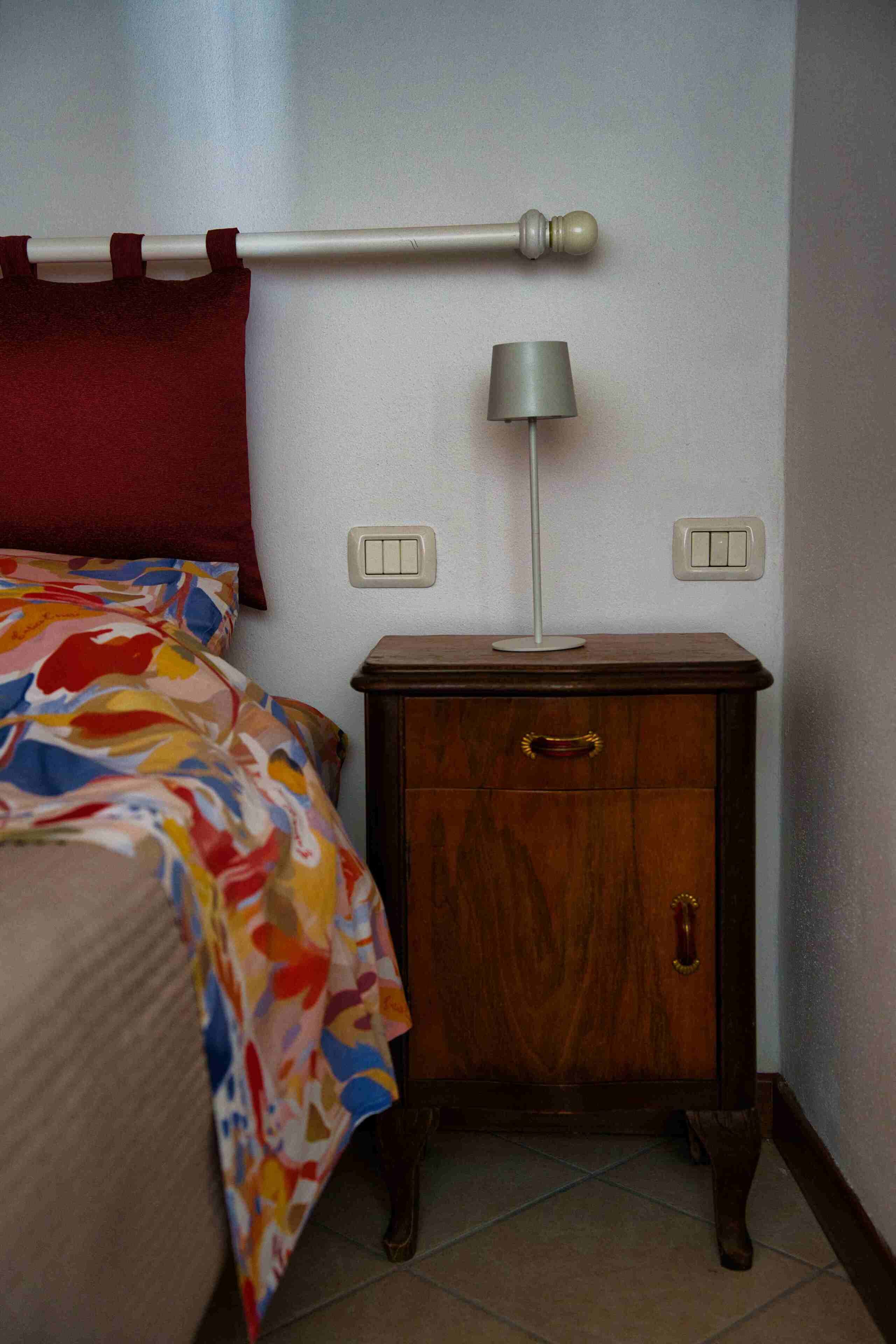 Une chambre à coucher avec un lit, une table de chevet avec une lampe et deux interrupteurs au mur.