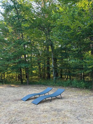 A natural setting with two lounge chairs on a grassy area surrounded by dense trees. - Maison du Garde Forestier au cœur des Châteaux de la Loire (Cour-Cheverny)