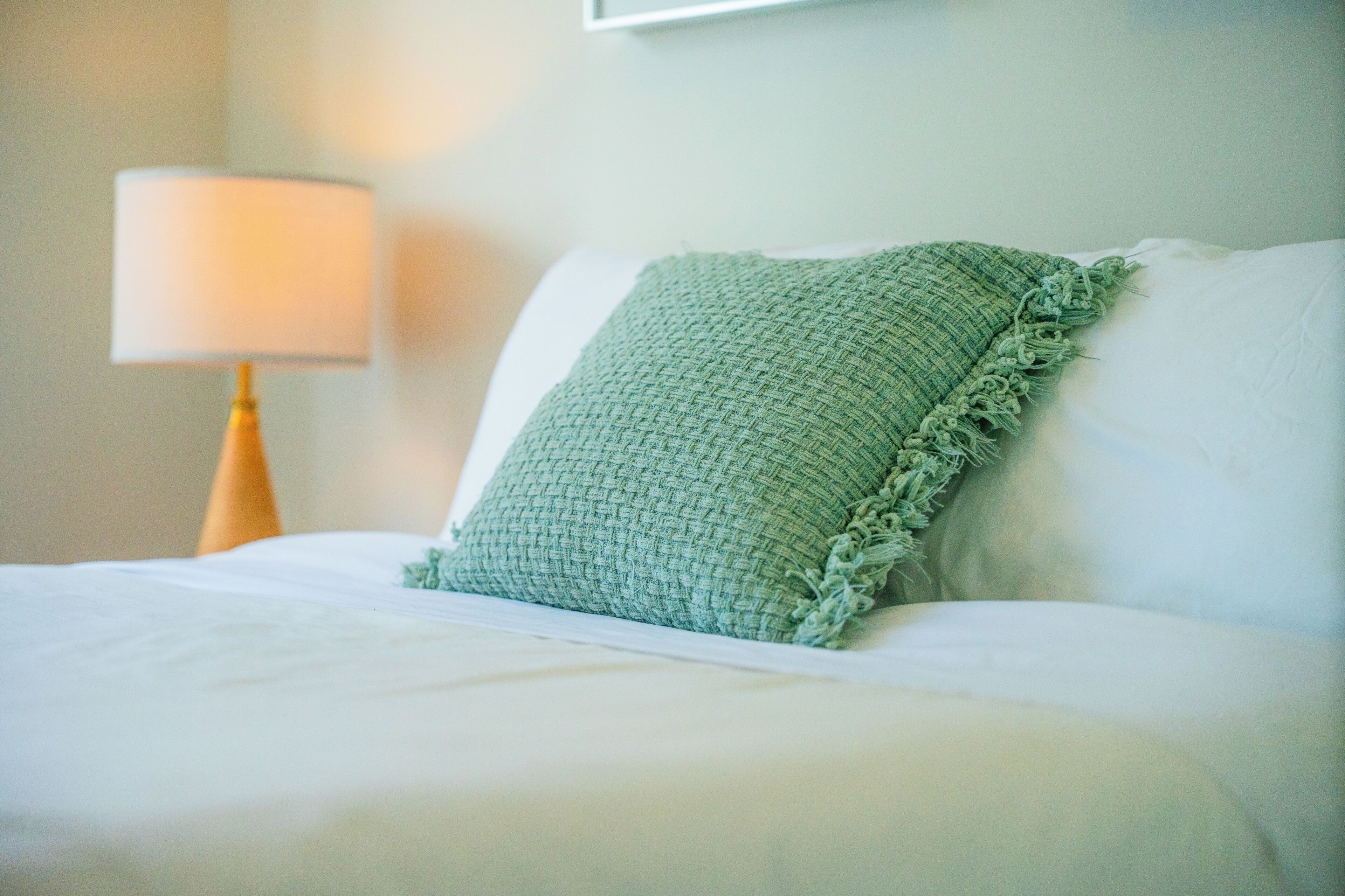 Uma cama com um travesseiro verde de malha e um travesseiro branco, uma luminária em uma mesinha de cabeceira, e uma parede com um quadro emoldurado.