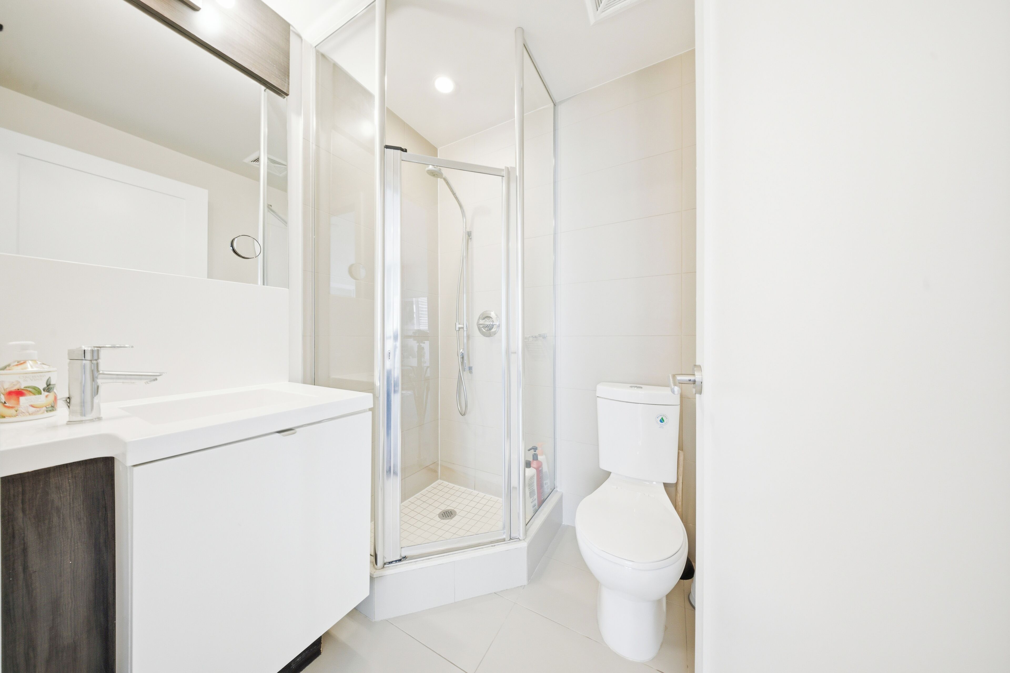 Un baño moderno con ducha de vidrio, un lavamanos blanco y un inodoro.