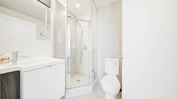 Un baño moderno con ducha de vidrio, un lavamanos blanco y un inodoro.