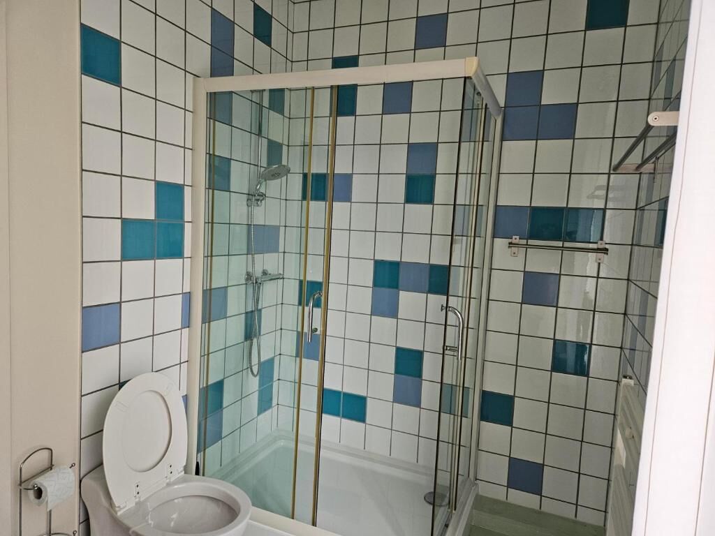 Un baño con ducha envuelta en vidrio, inodoro y paredes con azulejos.